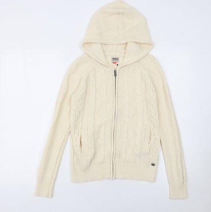 Additional front view of Only women’s ivory hooded cable-knit full zip jumper, size M
