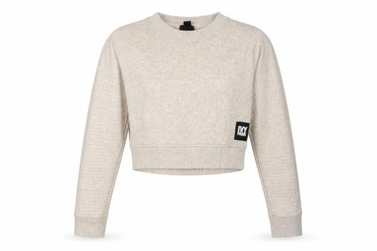 Front view of Ivy Park women’s beige cropped pullover sweatshirt, size S