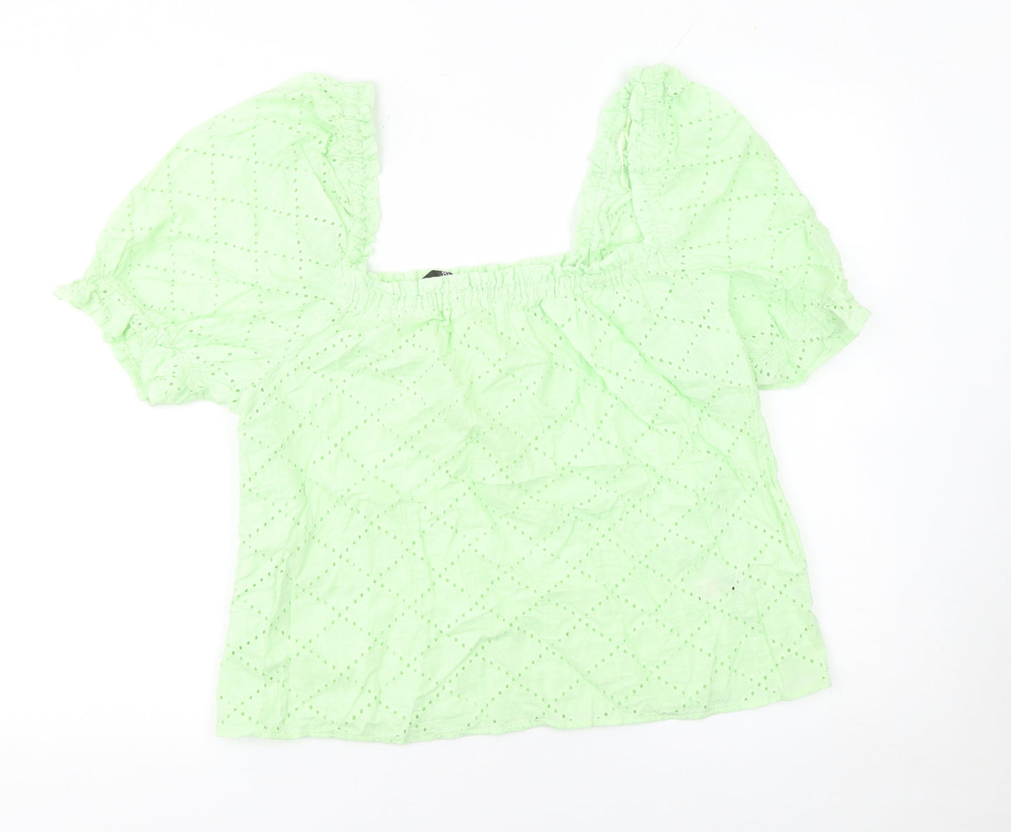 Dunnes Stores Women’s Green Cotton Embroidered Puff Sleeve Cropped Blouse Size 16
