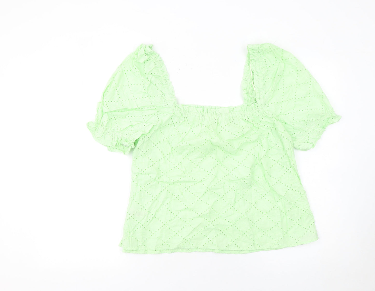 Dunnes Stores Women’s Green Cotton Embroidered Puff Sleeve Cropped Blouse Size 16