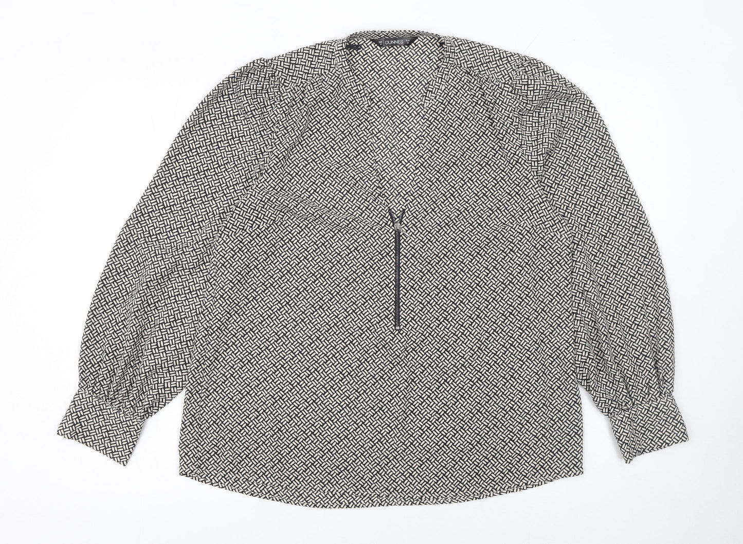 Dunnes Women’s Black Geometric Long Sleeve V-Neck Blouse Size M