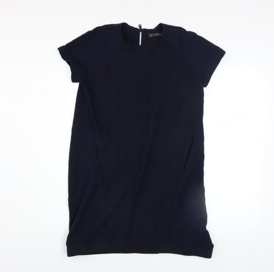 Zara Women Blue Shift Dress Size 10 Short Sleeve Zip Back Knit