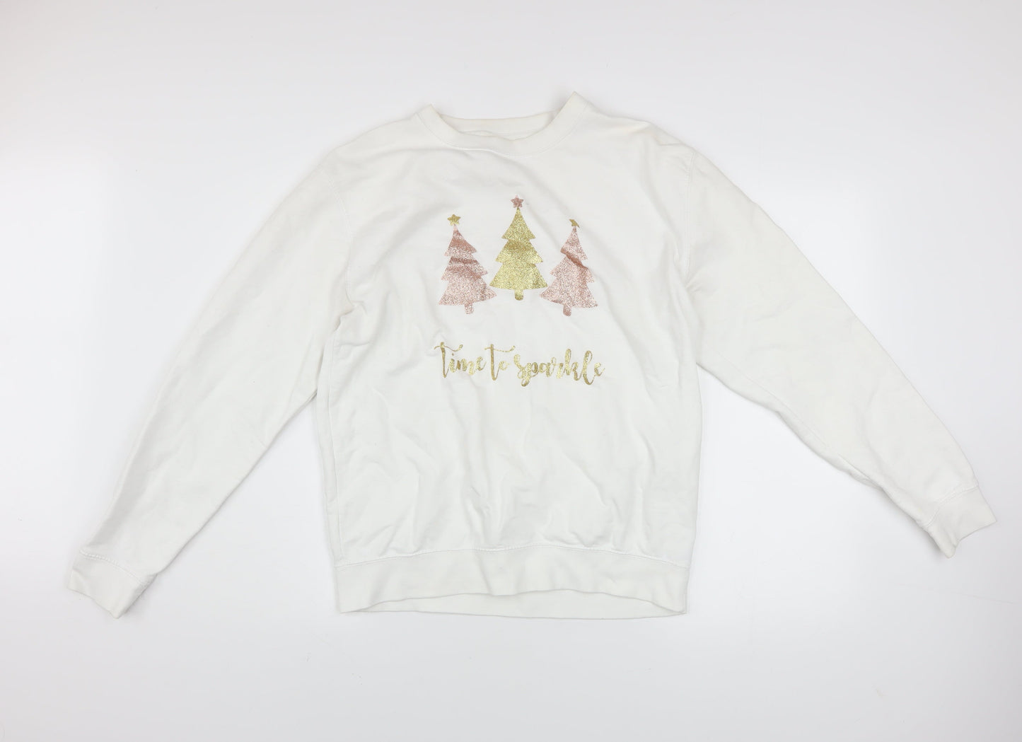 Lipsy London Women White Medium Pullover Sweatshirt Christmas Glitter Trees