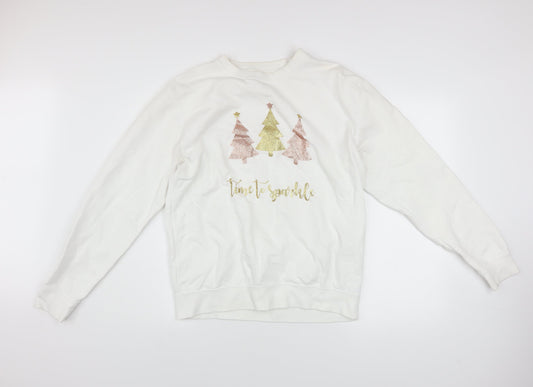 Lipsy London Women White Medium Pullover Sweatshirt Christmas Glitter Trees