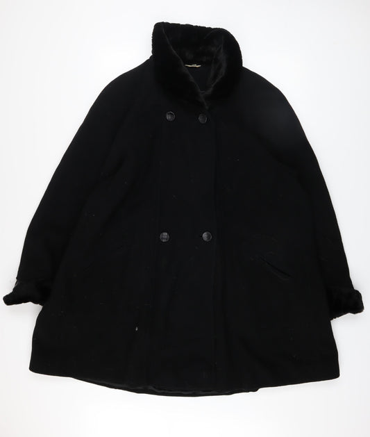 Kiss Collection Womens Black Wool Fur Trim Coat Size 16