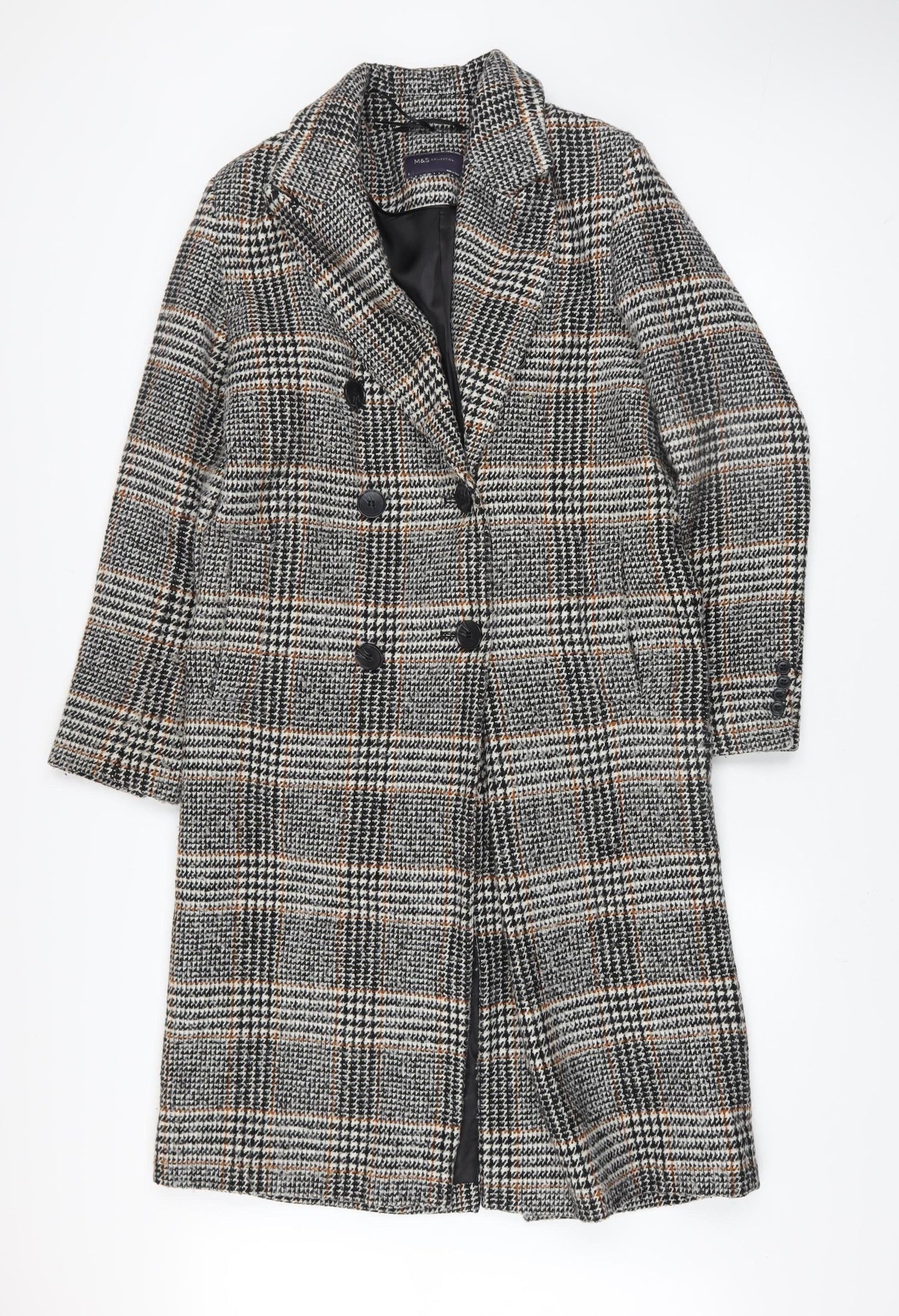 Marks and Spencer Womens Grey Check Wool Blend Long Coat Size 8