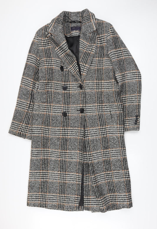 Marks and Spencer Womens Grey Check Wool Blend Long Coat Size 8