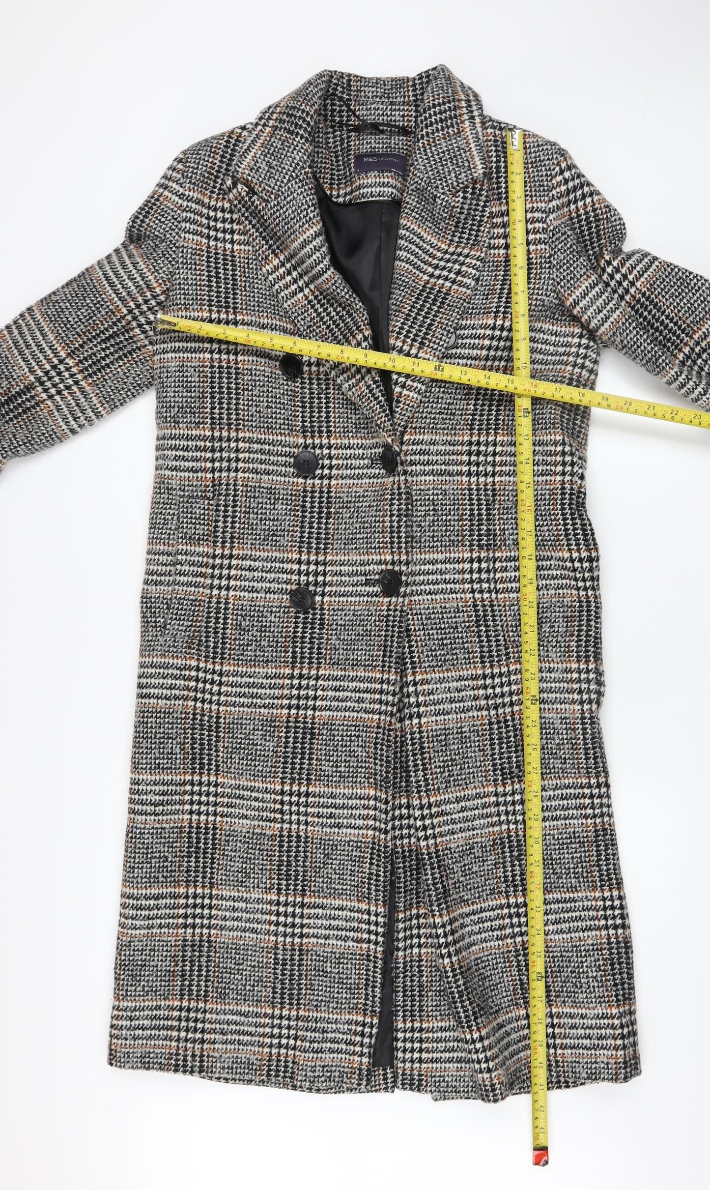 Marks and Spencer Womens Grey Check Wool Blend Long Coat Size 8