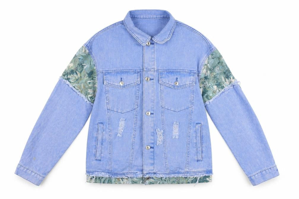 SHEIN Women's Blue Floral Patch Denim Jacket L Casual Distressed