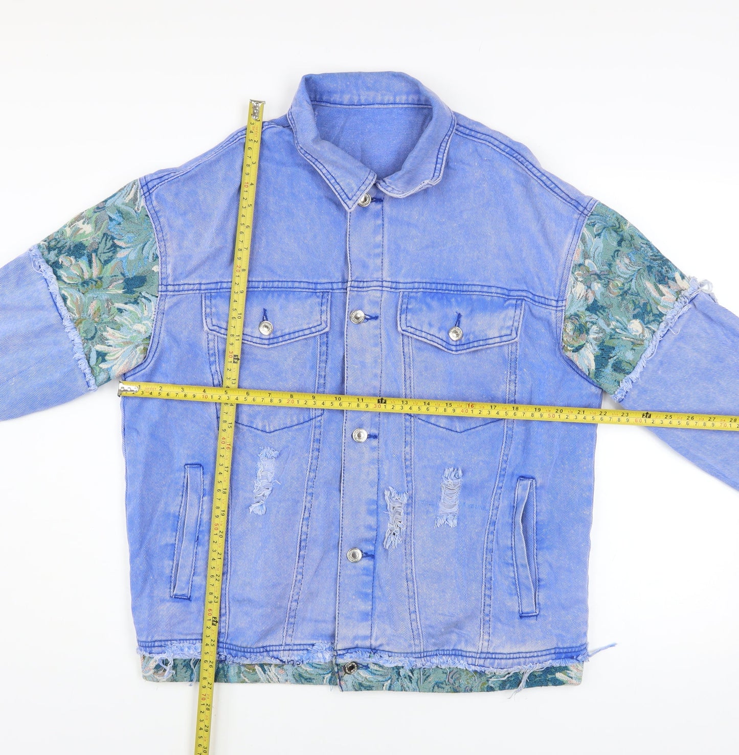 SHEIN Women's Blue Floral Patch Denim Jacket L Casual Distressed