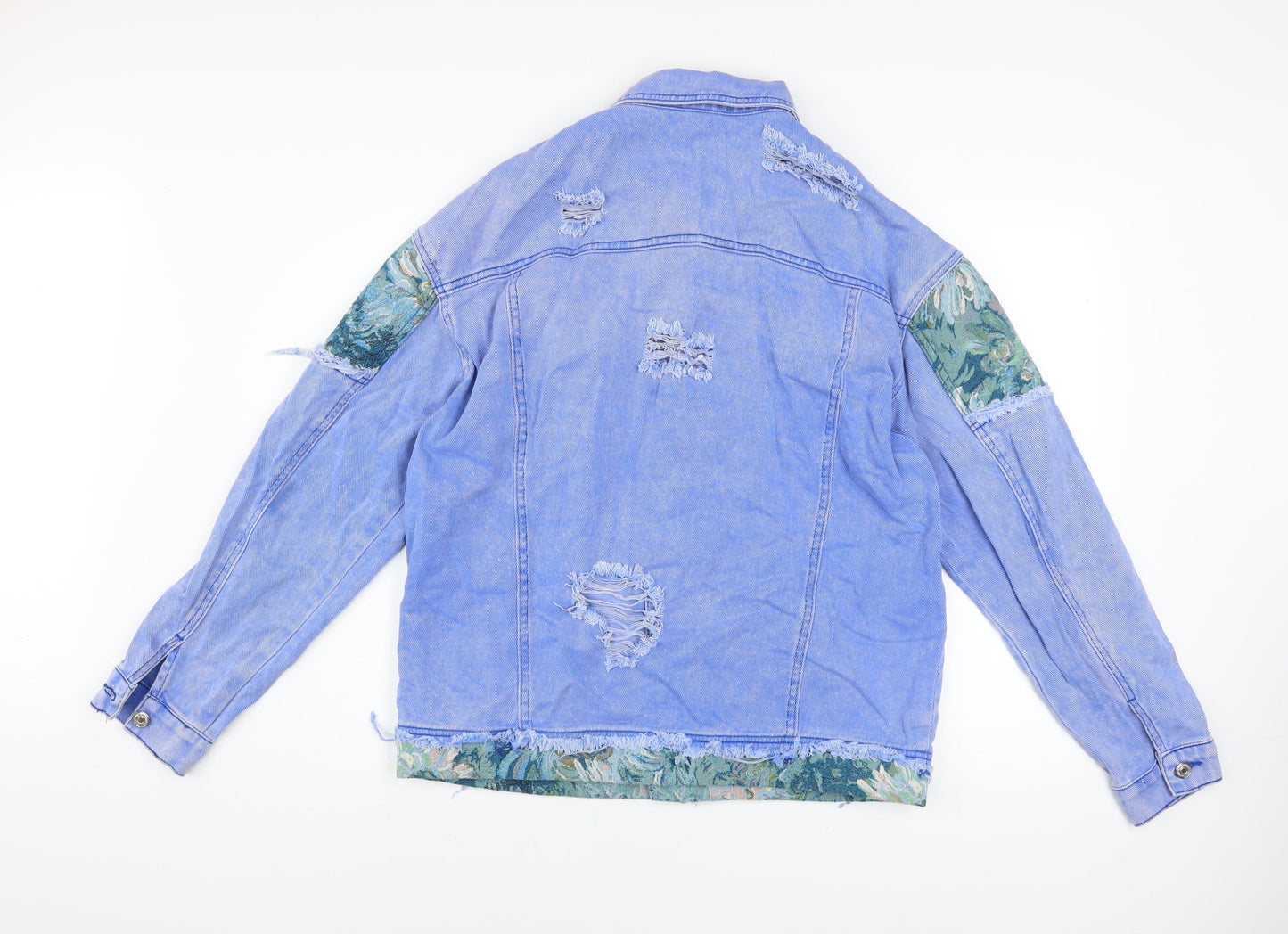 SHEIN Women's Blue Floral Patch Denim Jacket L Casual Distressed