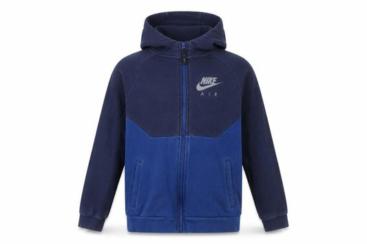 Front view of Nike boys’ blue full zip fleece hoodie xl 13-15 years colourblock logo