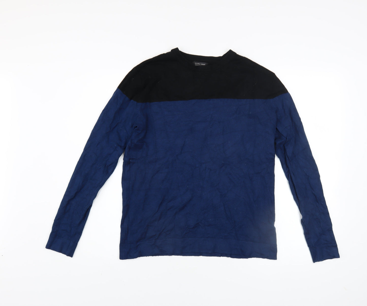 Zara Man Men's Blue Black Colour Block Crew Neck Pullover Jumper Size M