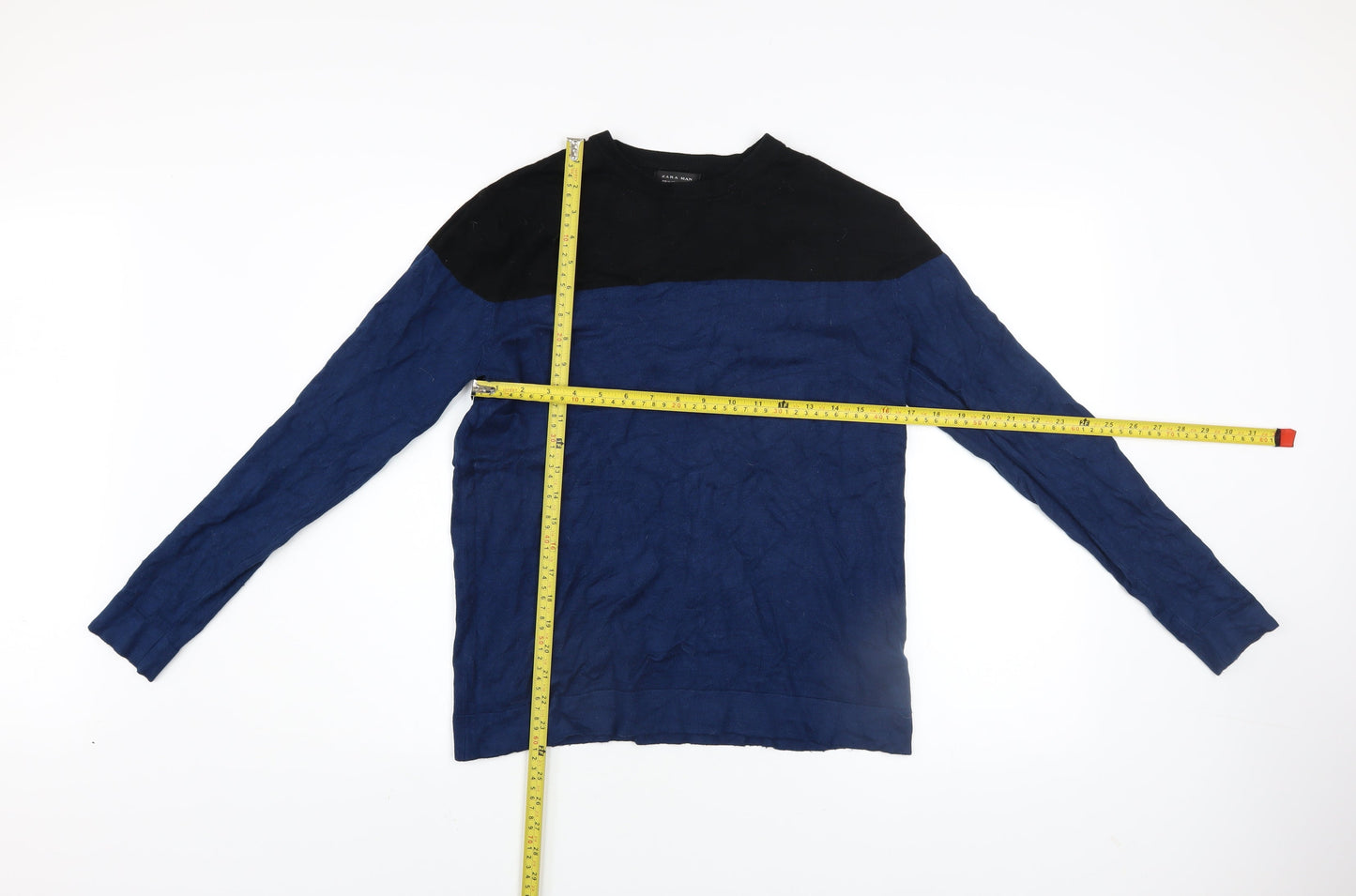 Zara Man Men's Blue Black Colour Block Crew Neck Pullover Jumper Size M