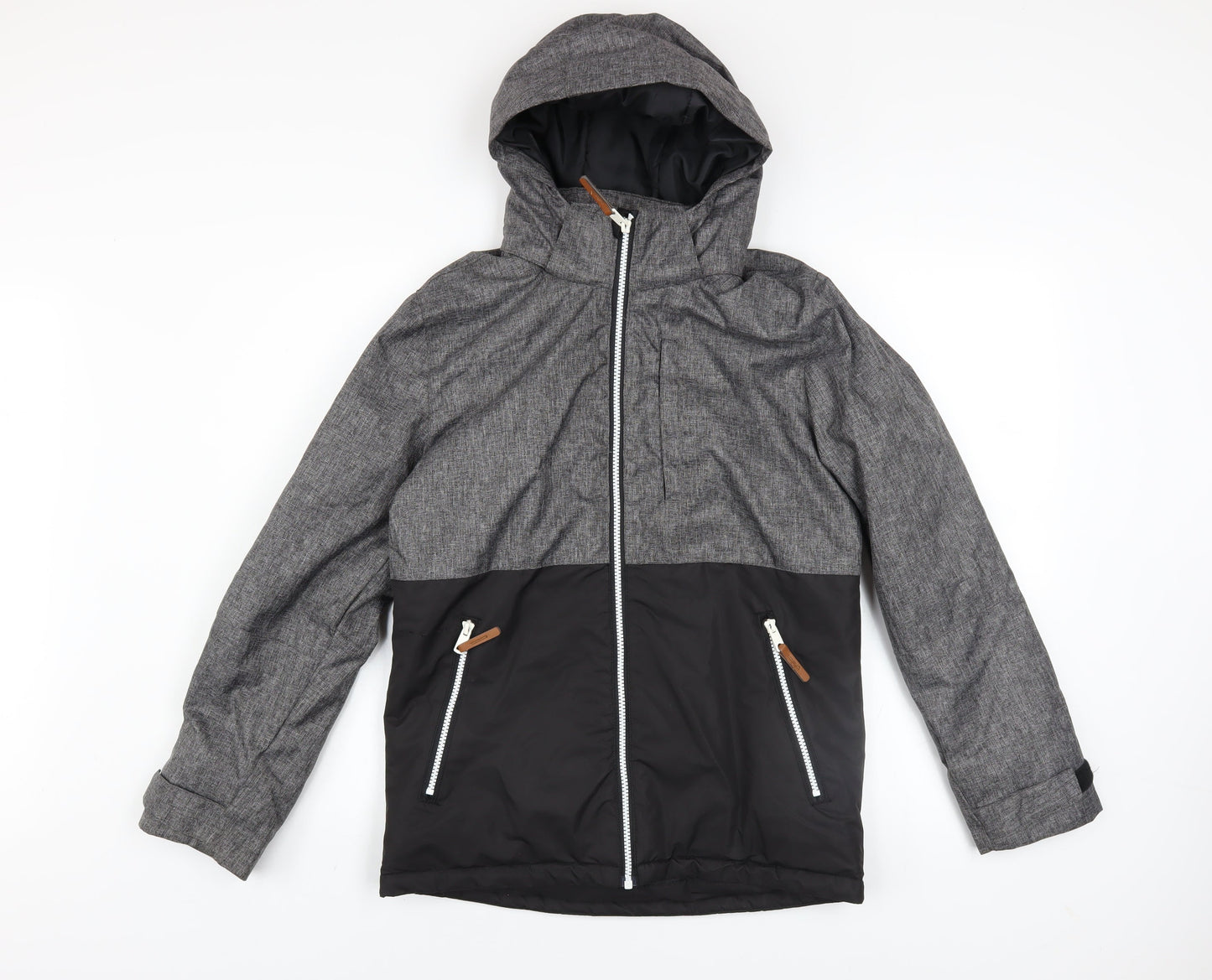 H&M Boys Grey Black Hooded Puffer Jacket 12-13 Years Water Resistant Coat