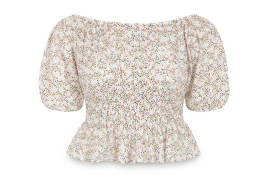Front view of ASOS Women’s Multicoloured Floral Off Shoulder Tunic Blouse, size UK 14