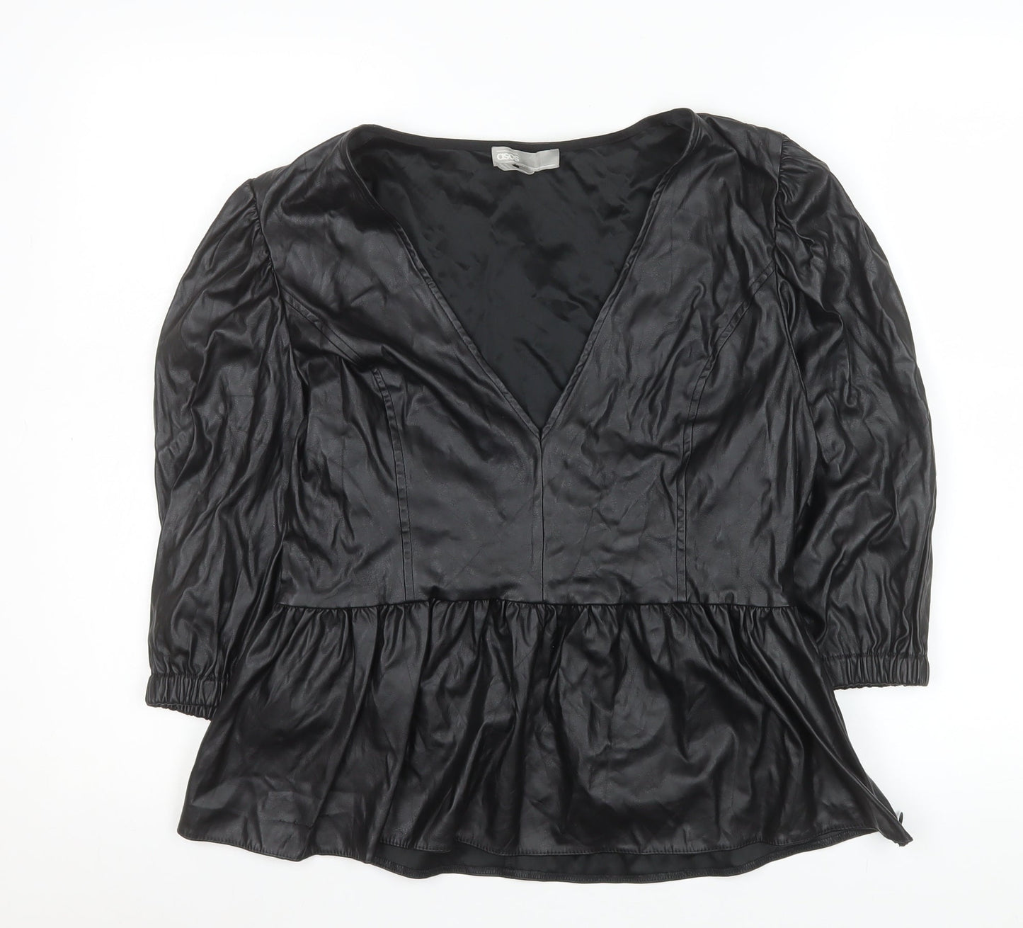 ASOS Women’s Black Faux Leather V-Neck Peplum Tunic Blouse Size 14