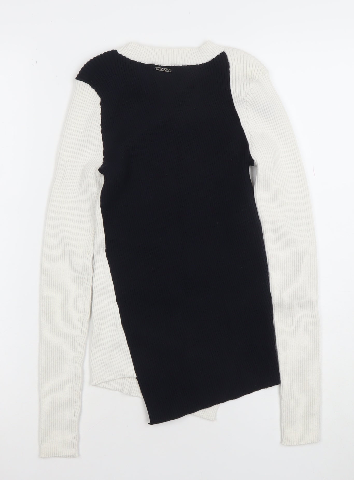 DKNY Womens Cream Black XS Ribbed Asymmetrical Knit Jumper