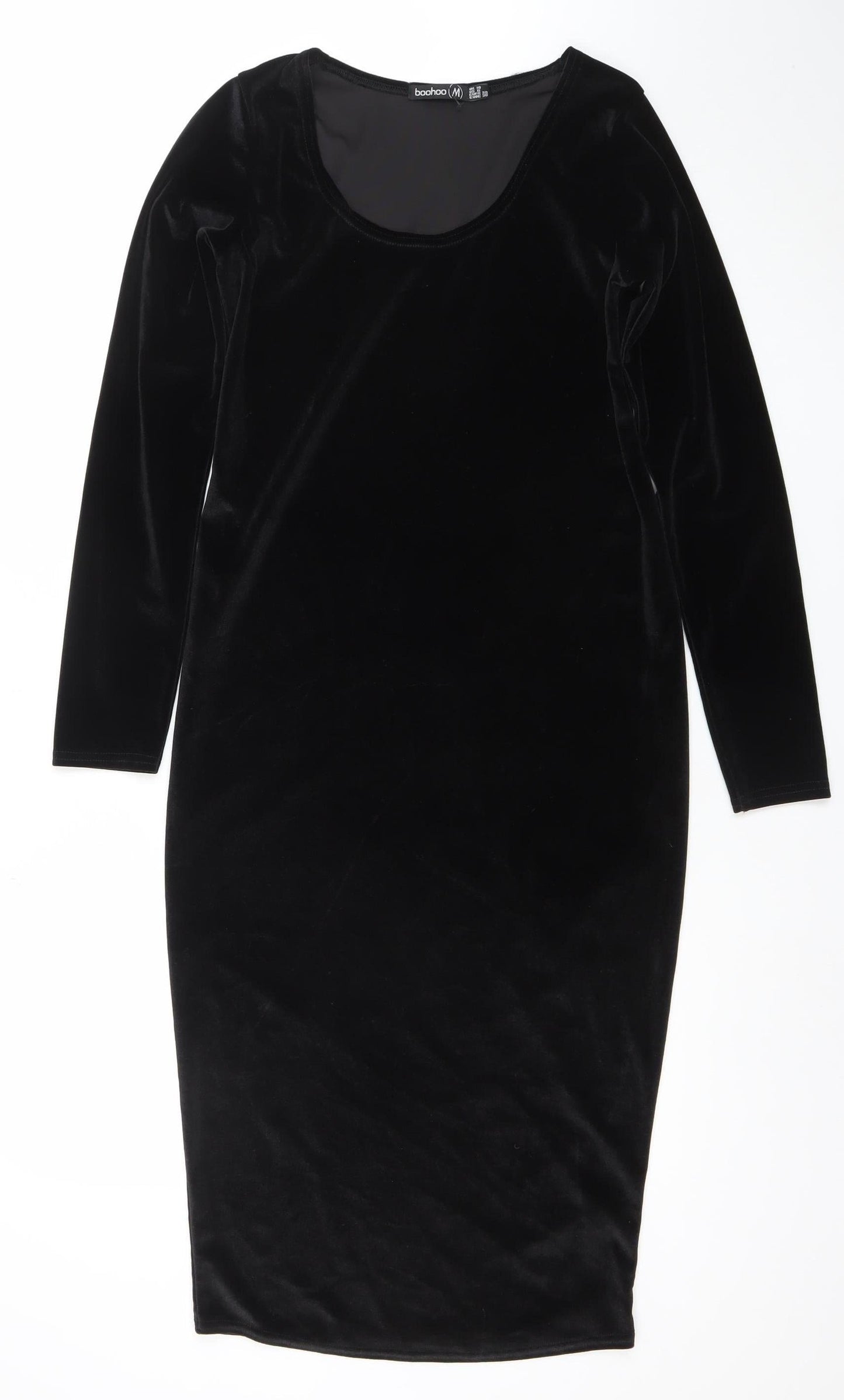 Boohoo Women’s Black Velvet Bodycon Dress UK 10 Long Sleeve Partywear