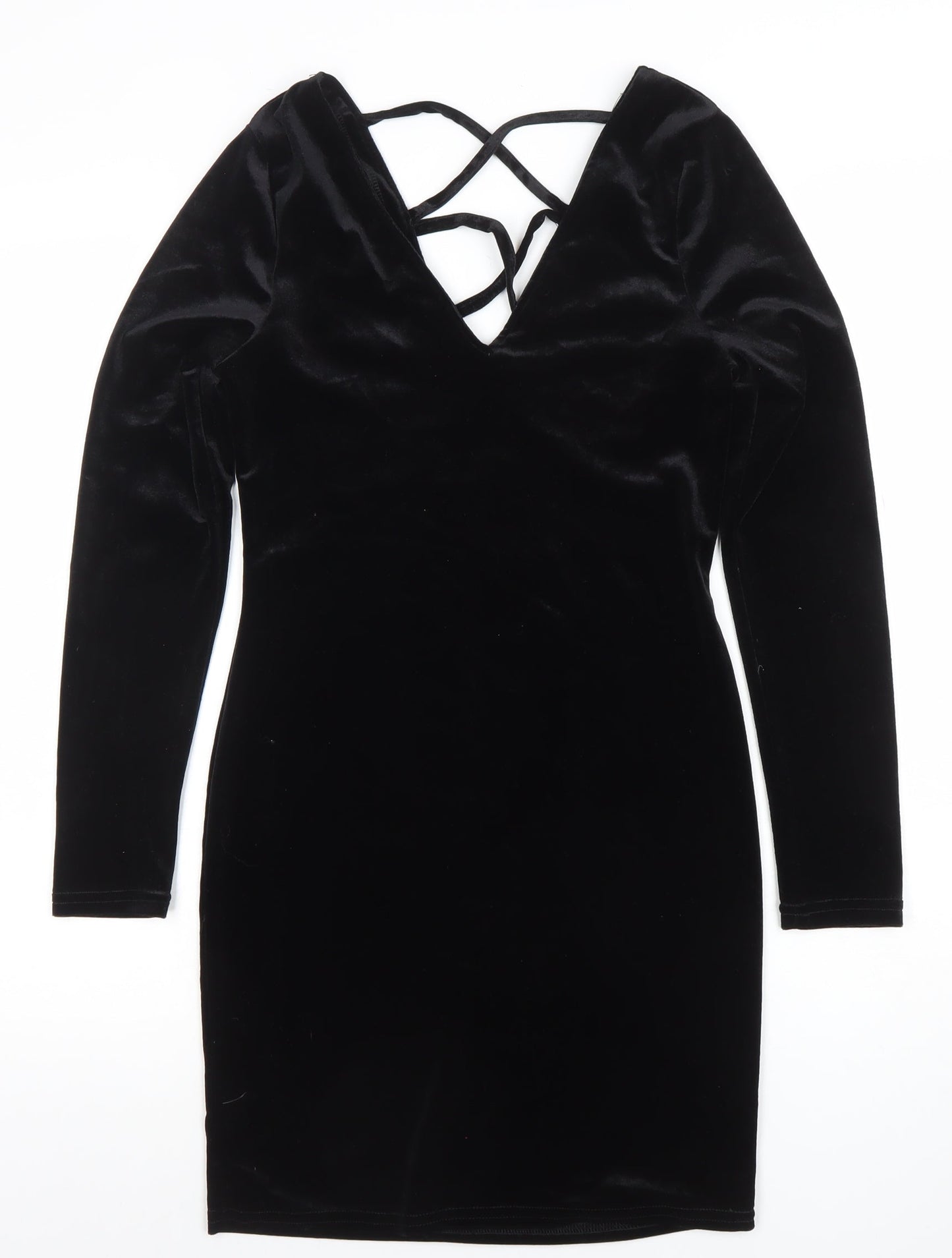 Primark Women Black Velvet Long Sleeve Bodycon Dress Size 10