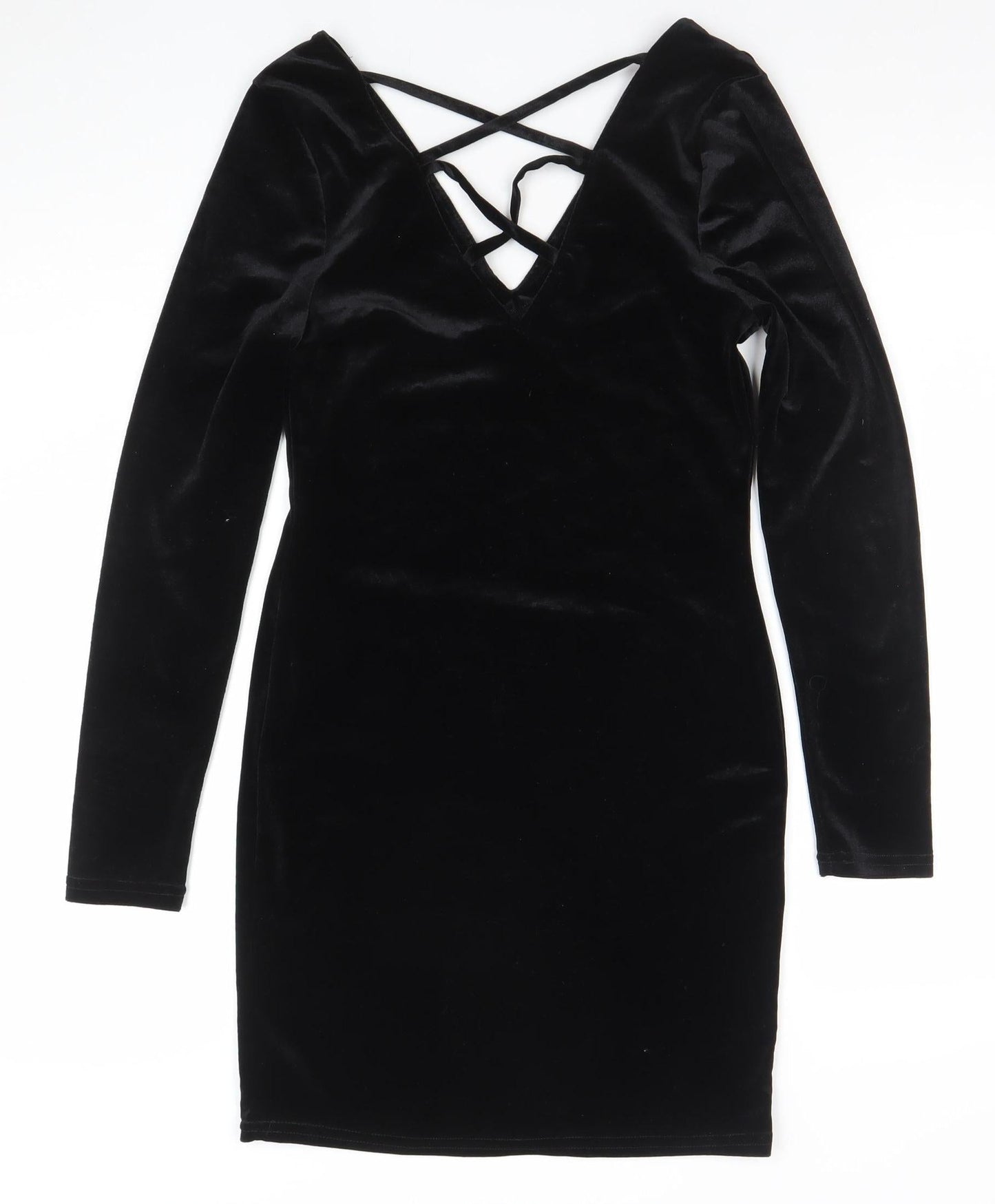 Primark Women Black Velvet Long Sleeve Bodycon Dress Size 10