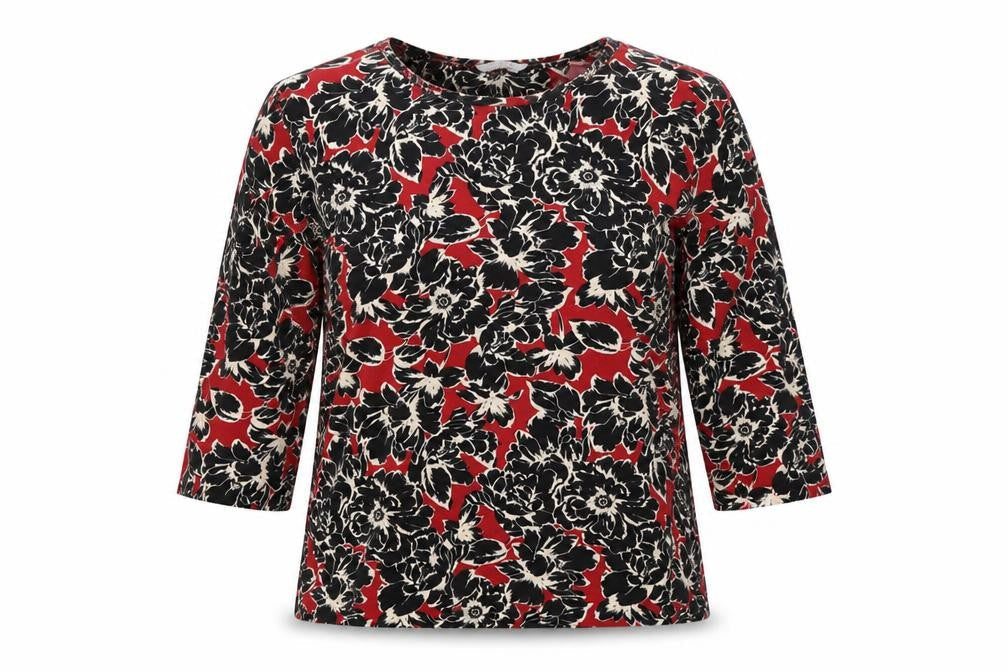 Classics Womens Red Floral 3/4 Sleeve Viscose Jersey Top Size 14