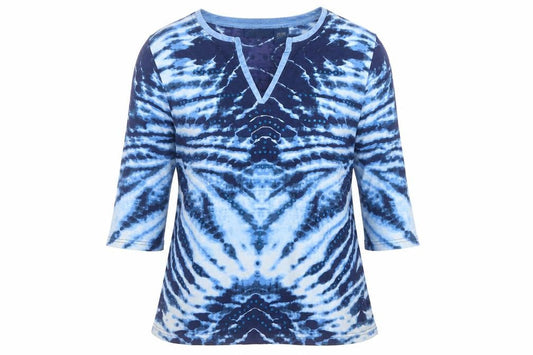 Antelope Womens Blue Tie Dye Sequin V-Neck 3/4 Sleeve Cotton Top Size L