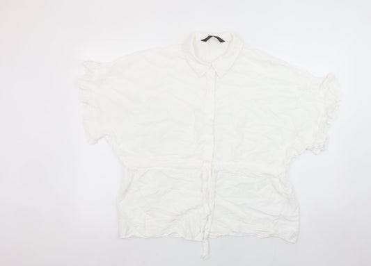 Zara Woman White Collared Ruffle Sleeve Tie Waist Blouse Size 12