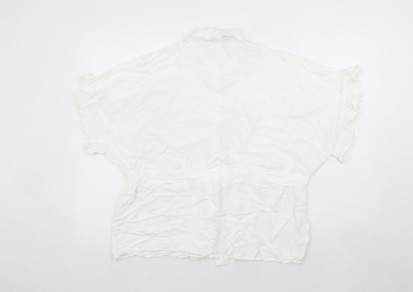 Zara Woman White Collared Ruffle Sleeve Tie Waist Blouse Size 12