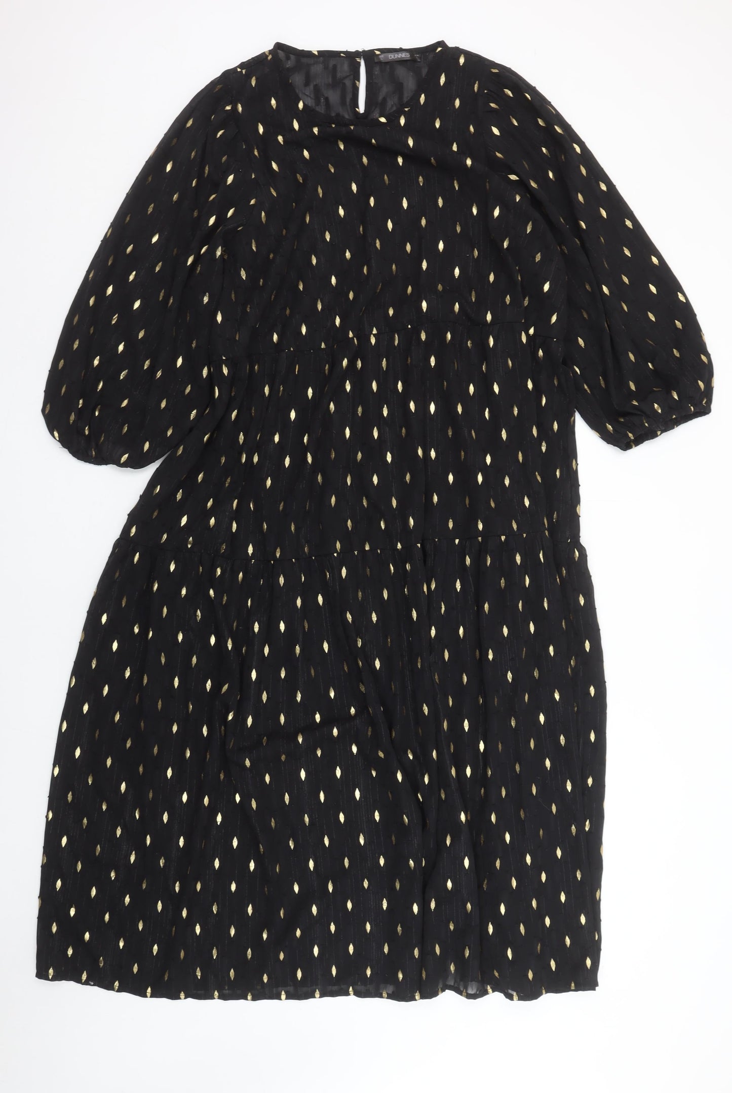 Dunnes Women Black Gold Metallic Shift Dress Size L 3/4 Sleeve