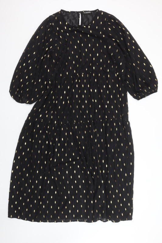 Dunnes Women Black Gold Metallic Shift Dress Size L 3/4 Sleeve