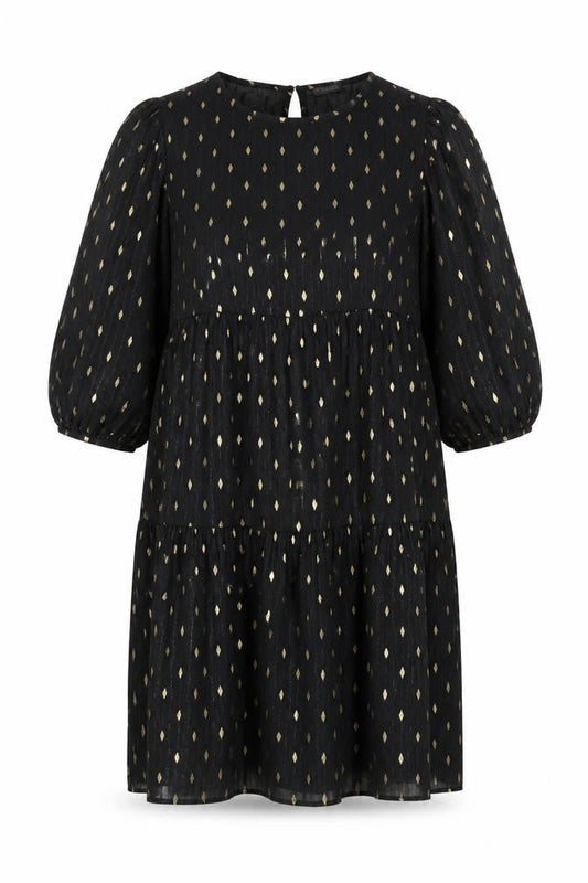 Dunnes Women Black Gold Metallic Shift Dress Size L 3/4 Sleeve