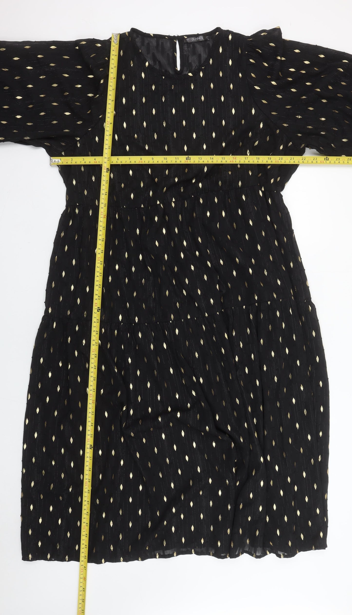 Dunnes Women Black Gold Metallic Shift Dress Size L 3/4 Sleeve