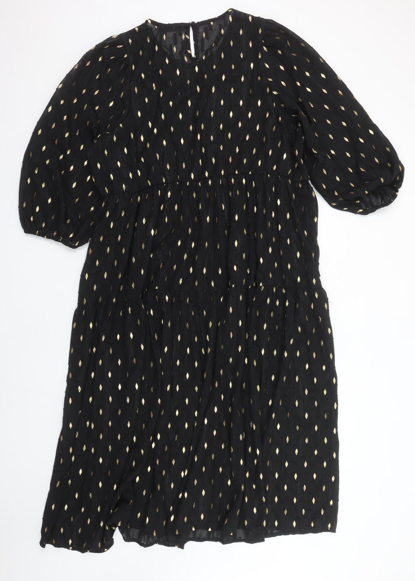 Dunnes Women Black Gold Metallic Shift Dress Size L 3/4 Sleeve