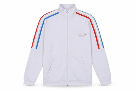 Front view of adidas boys’ white full zip sweatshirt 11-12 years red blue striped logo