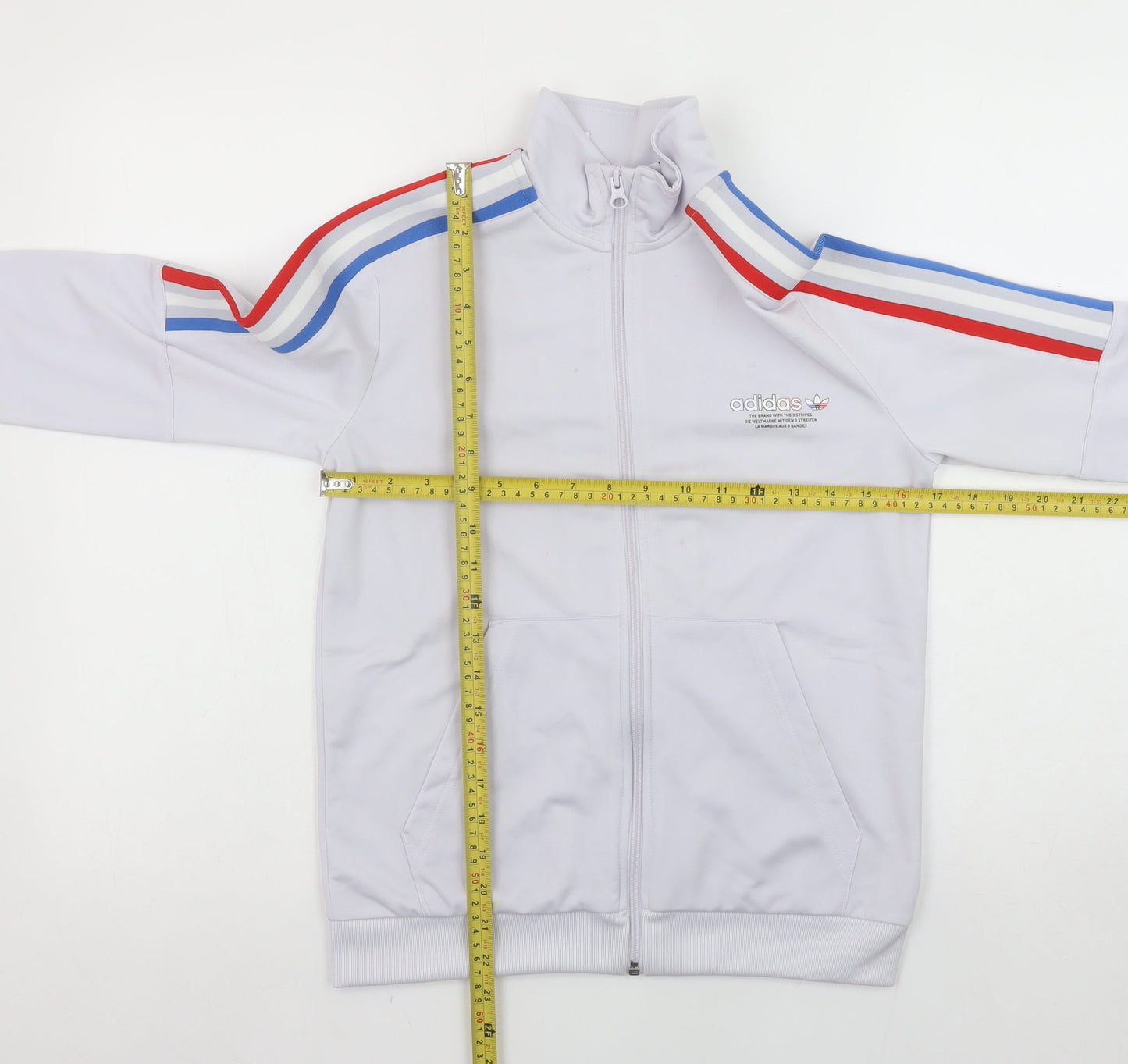 adidas Boys White Full Zip Sweatshirt 11-12 Years Red Blue Striped Logo