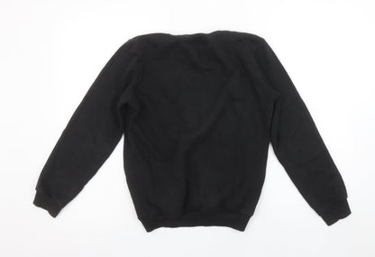 Close-up detail of Adidas boys’ black crew neck fleece sweatshirt 11-12 years pullover logo