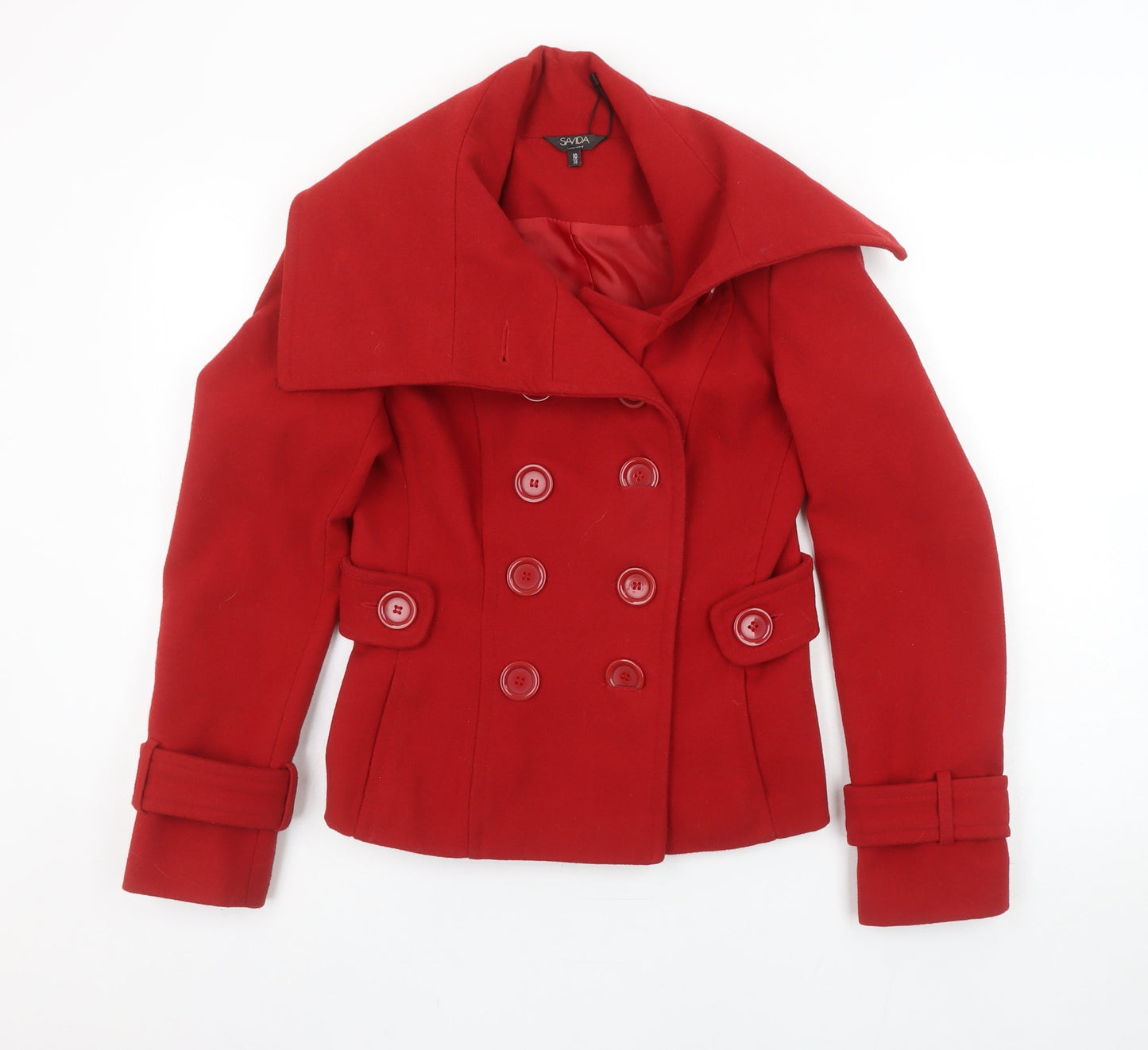 Savida Women's Red Pea Coat Size 10 Double Breasted Wool Look Jacket