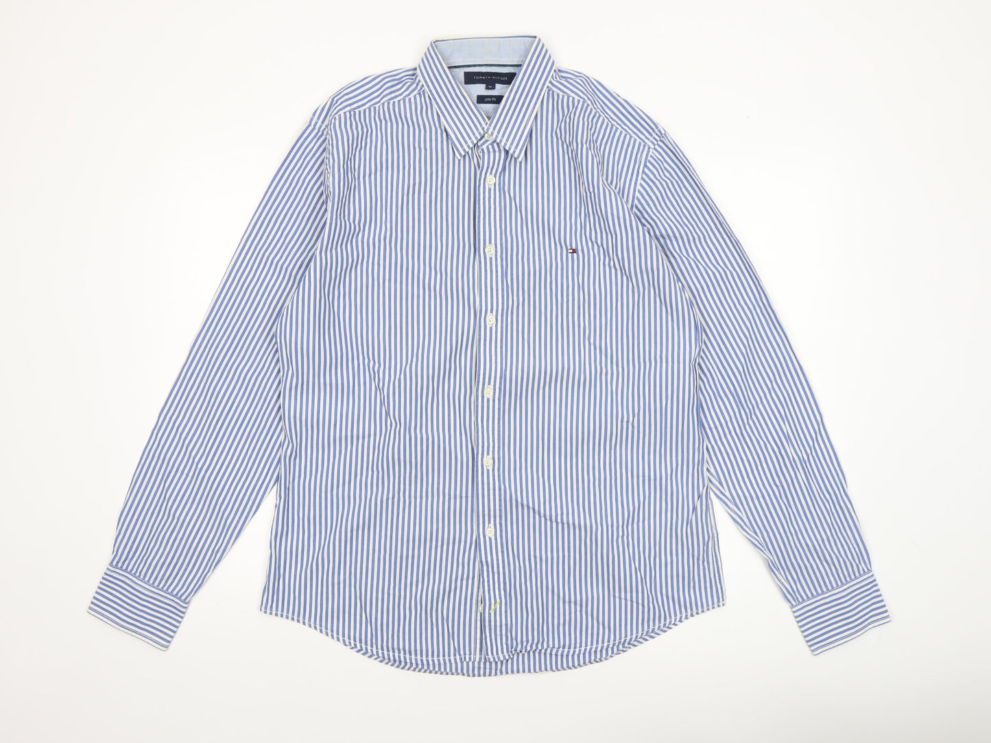 Tommy Hilfiger Men's Blue Striped Slim Fit Long Sleeve Shirt XL