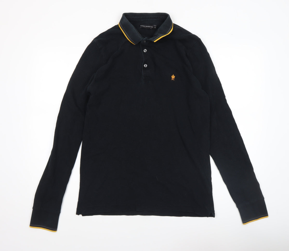 French Connection Men's Black Long Sleeve Cotton Polo Shirt Size M