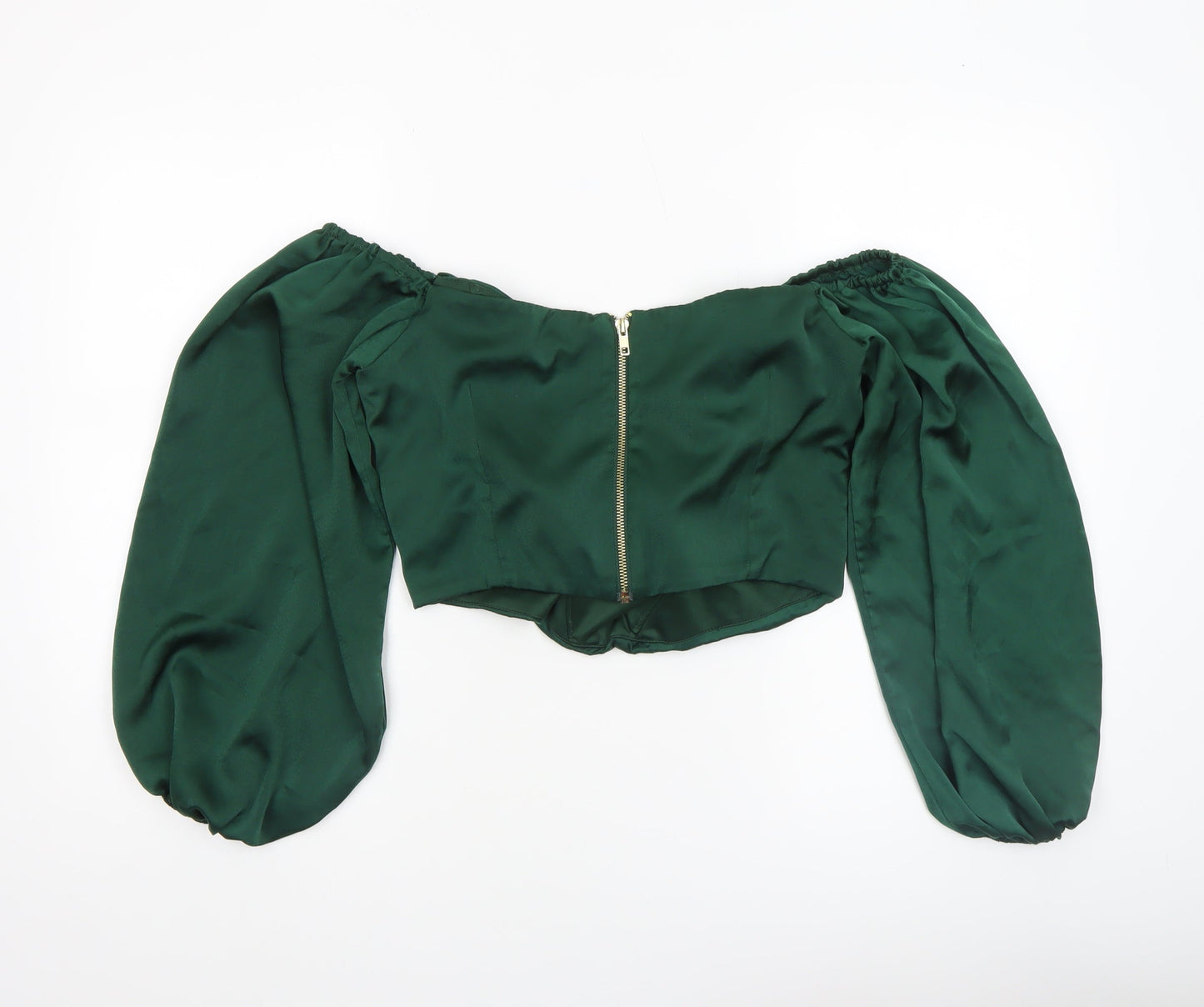 River Island Women’s Green Satin Cropped Off-Shoulder Puff Sleeve Blouse Size 12