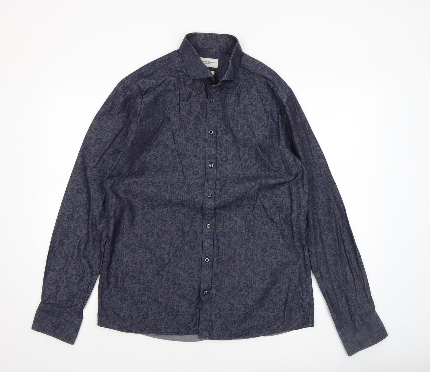 Bruun & Stengade Men's Blue Slim Fit Floral Long Sleeve Shirt Size 16