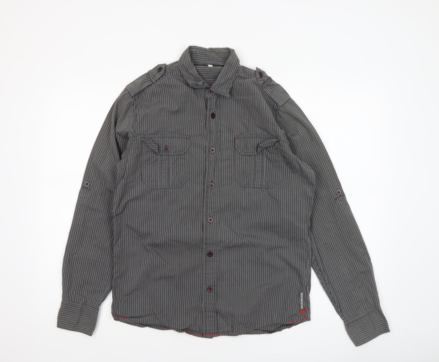 Duck and Cover Men's Grey Striped Long Sleeve Button-Up Shirt M