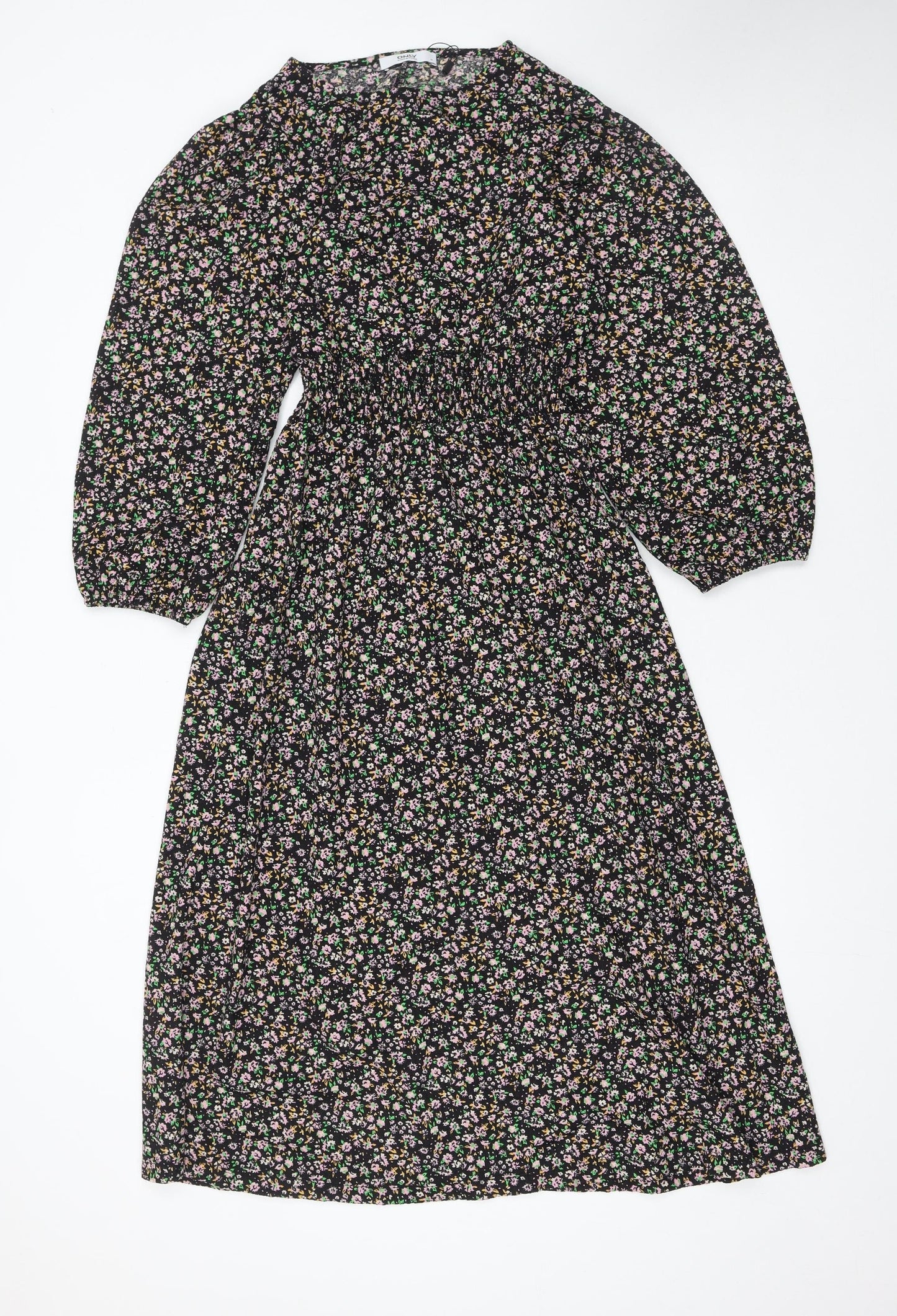 ONLY Women's Black Floral Midi A-Line Dress M Puff Sleeve