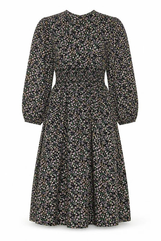 Front view of Only Women's Black Floral Midi A-Line Dress M Puff Sleeve