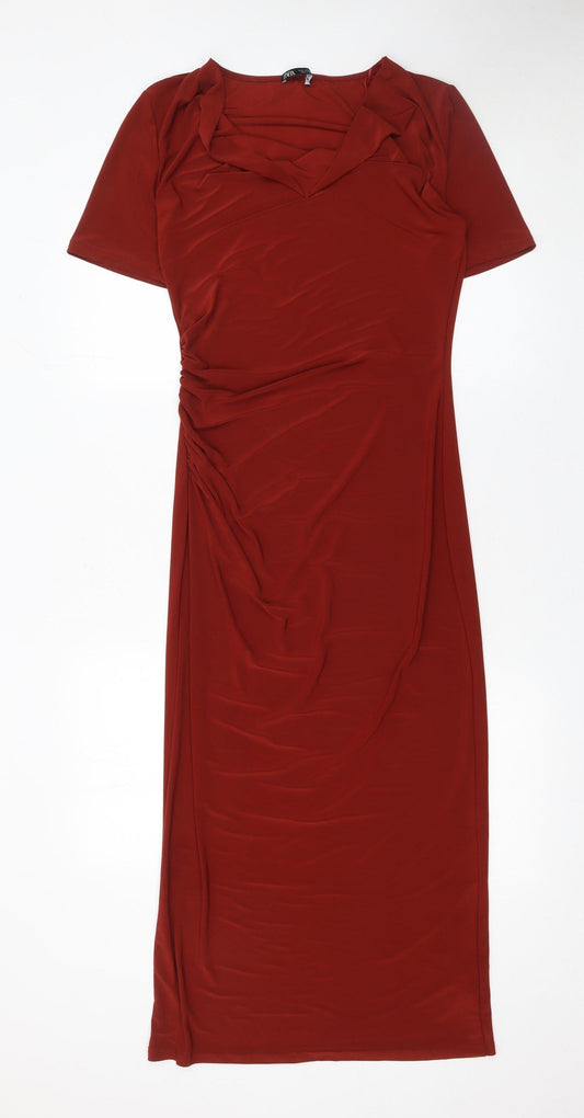 Zara Women Red Bodycon Midi Dress Size S Short Sleeve V-Neck