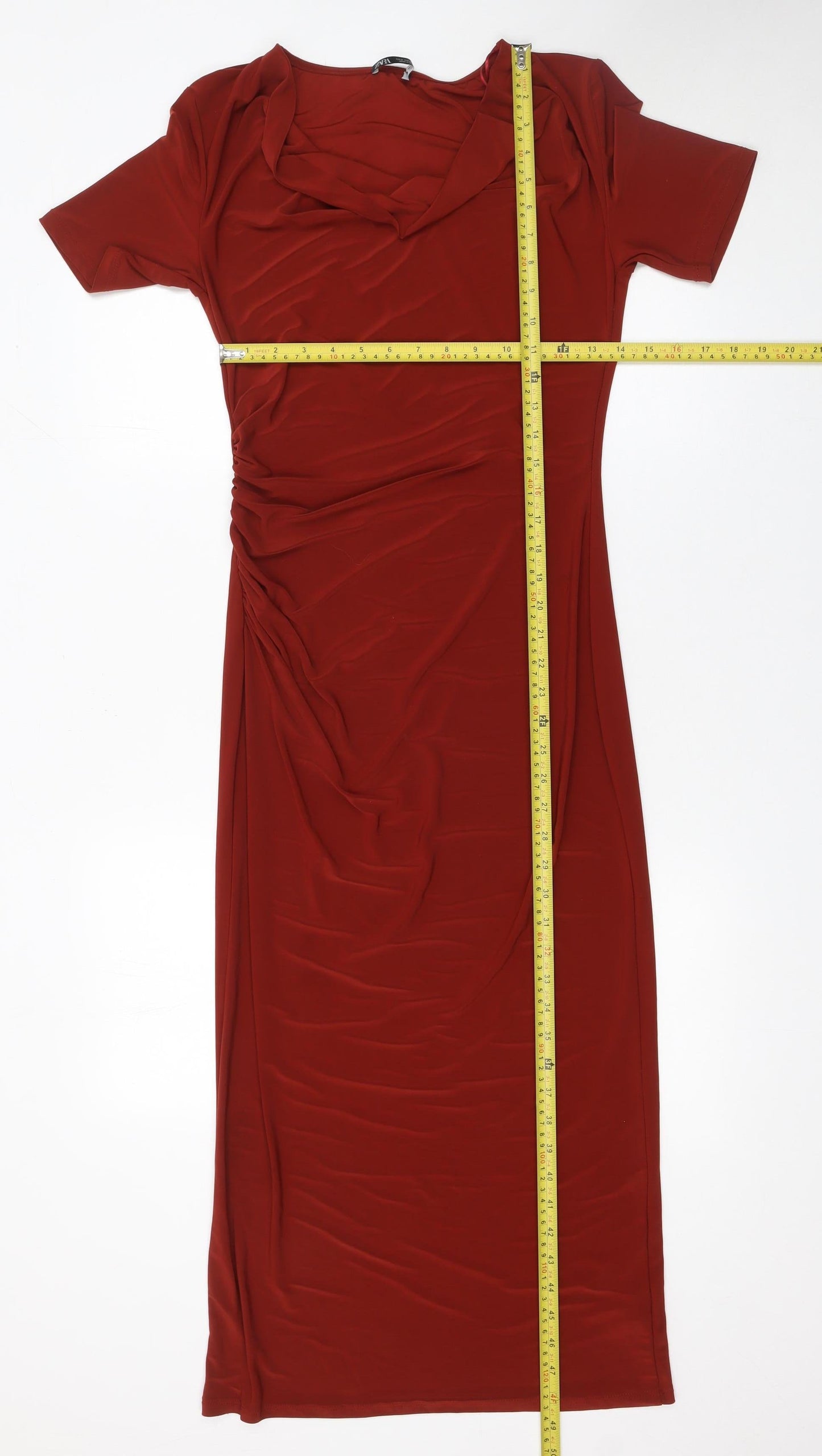Zara Women Red Bodycon Midi Dress Size S Short Sleeve V-Neck