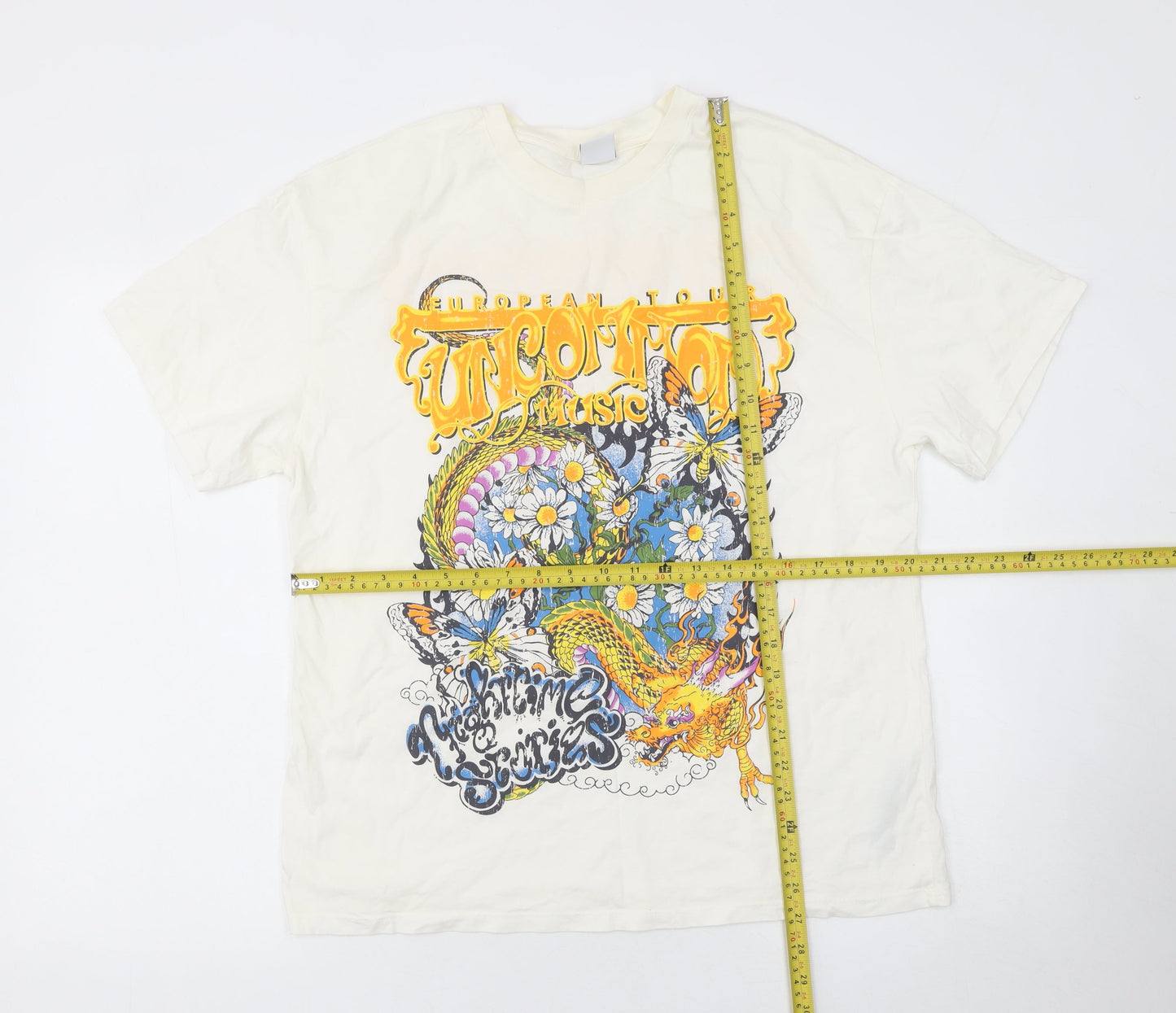 Bershka Men's White Graphic Music Band Tour T-Shirt Size S