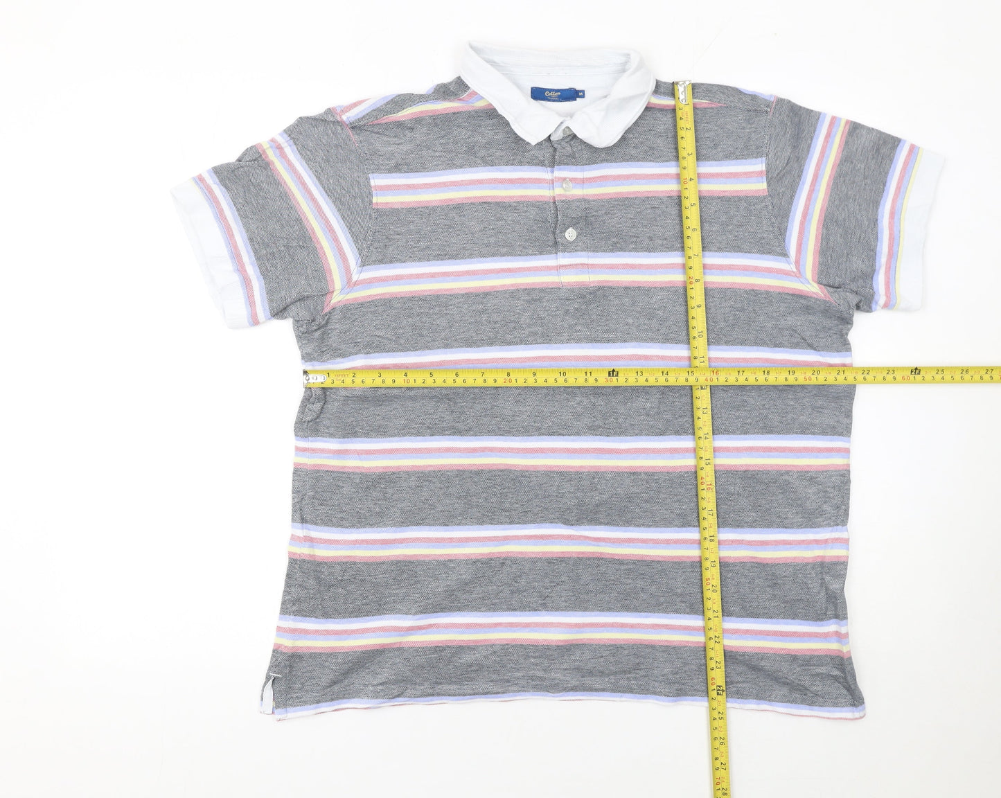 Cotton Traders Men's Grey Striped Cotton Polo Shirt Size M