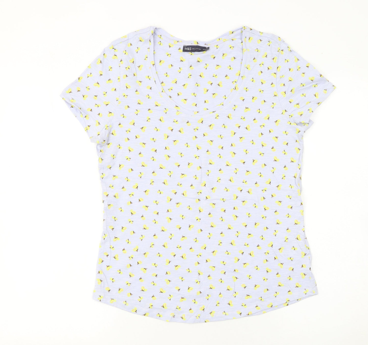 Marks and Spencer Women's Blue Floral Cotton V-Neck T-Shirt Size 12